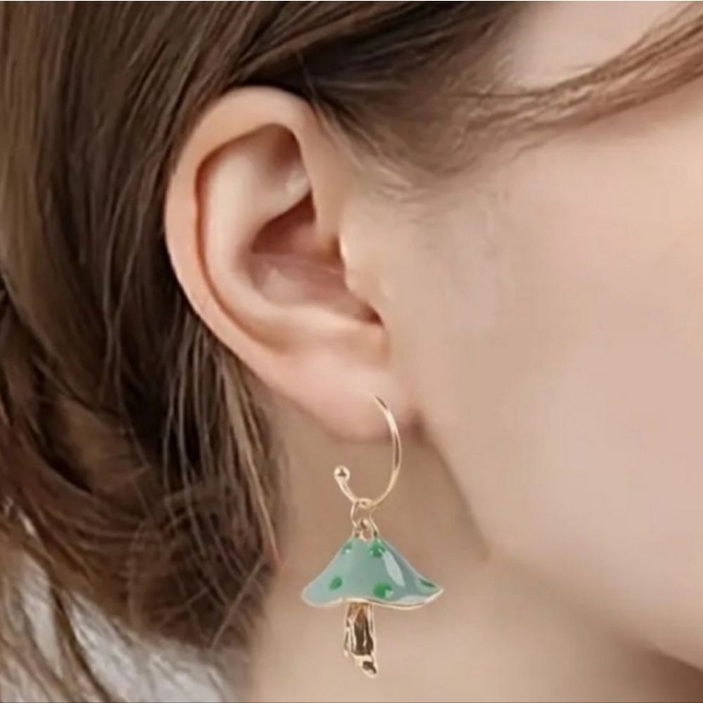 New! Sage green dot mushroom hoop charm earrings • NWOT